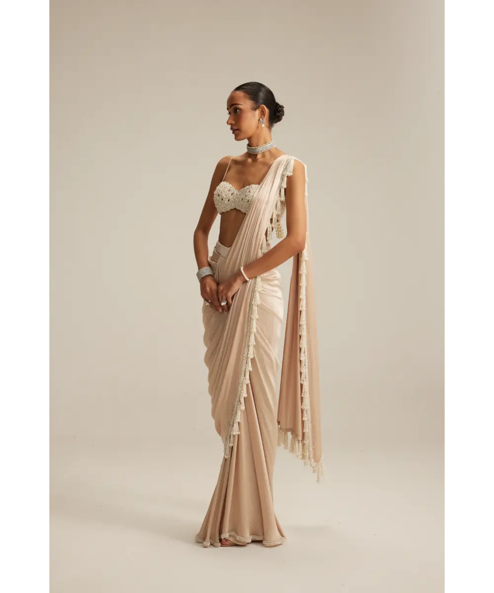 VVANI VATS- Light Beige mirror and pearl Satin Draped Saree set